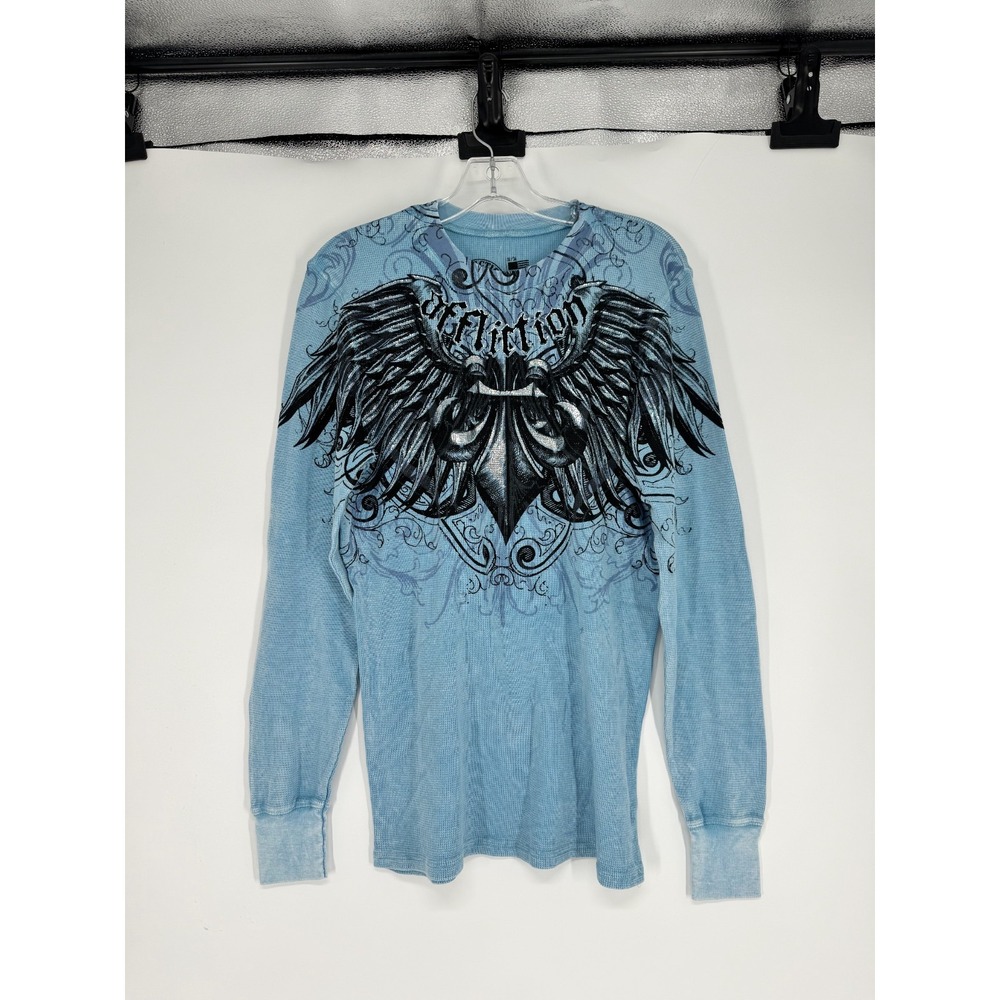 Affliction T Shirt Medium Thermal Waffle Knit Graphic Long Sleeve Wings Blue Y2K